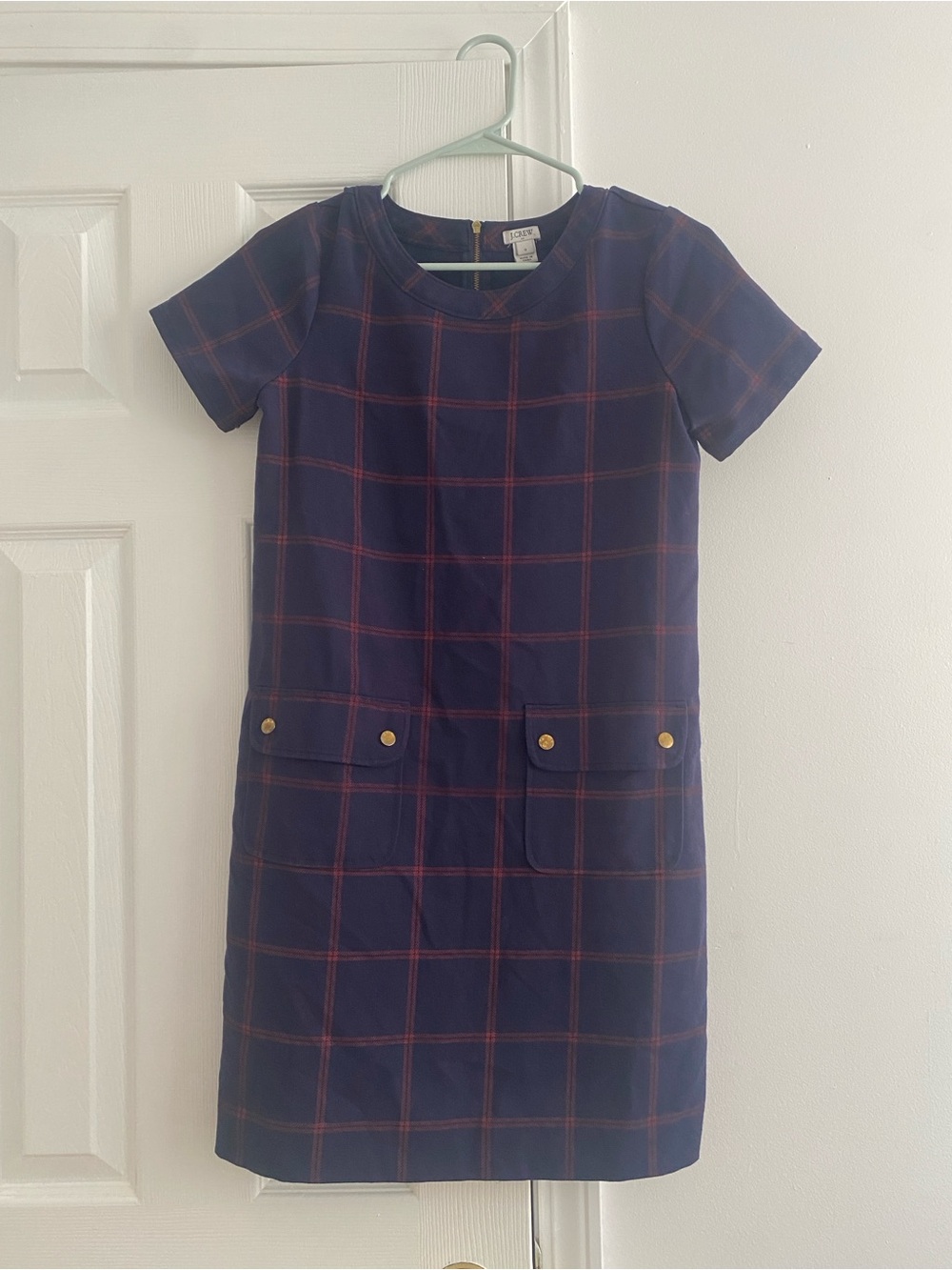 J. Crew Girls Navy Plaid Short-Sleeve Shift Dress with Gold Buttons